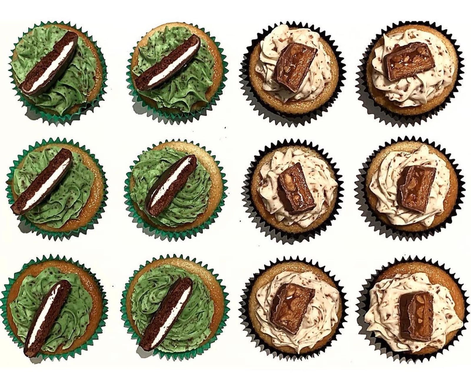 Mint chocolate cupcakes with cream-filled biscuit toppers