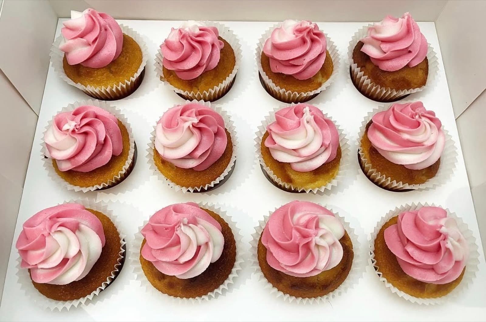 Two-tone pink and white buttercream swirl cupcakes